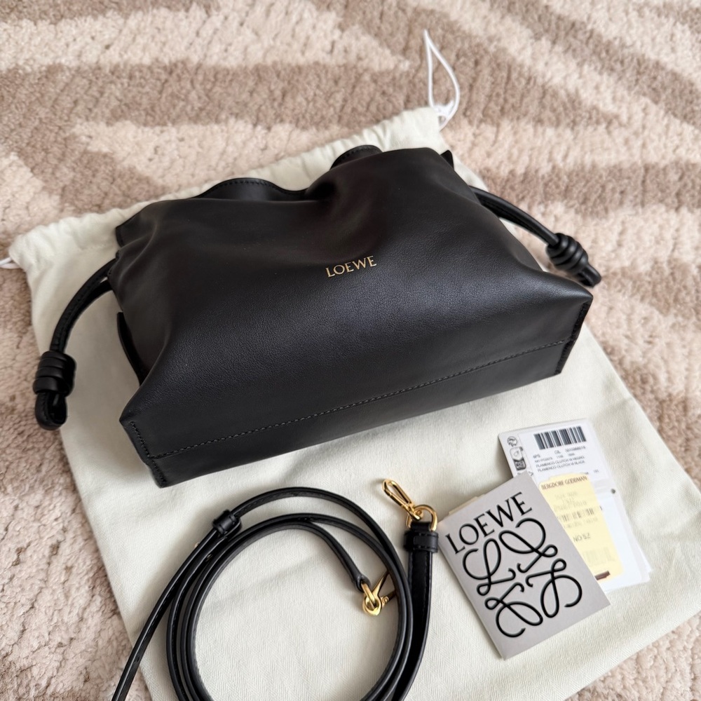 Loewe Mini Flamenco Black Leather Shoulder Bag or Clutch with Gold Logo